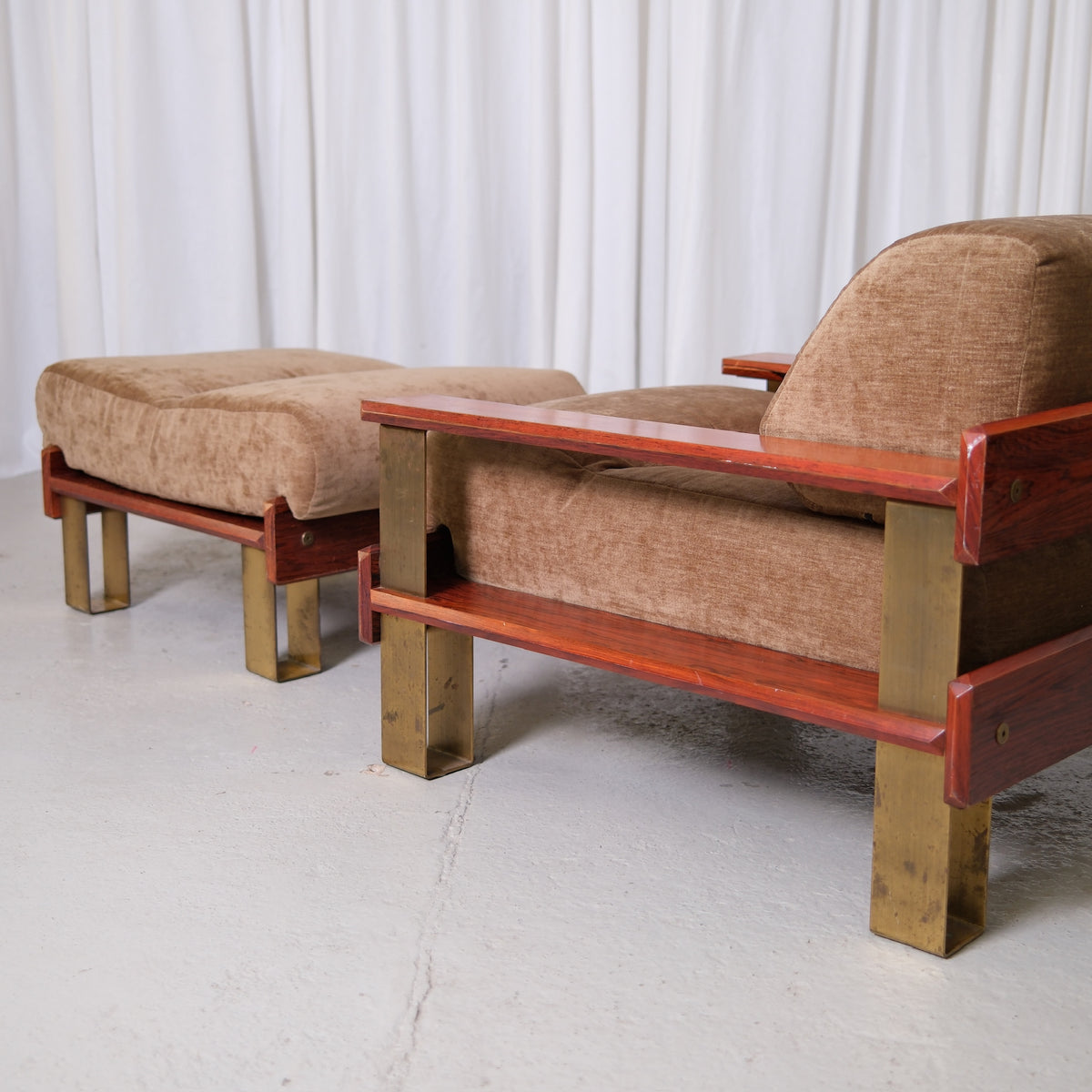 Rare 1970s Armchair and Ottoman with Rosewood and Brass