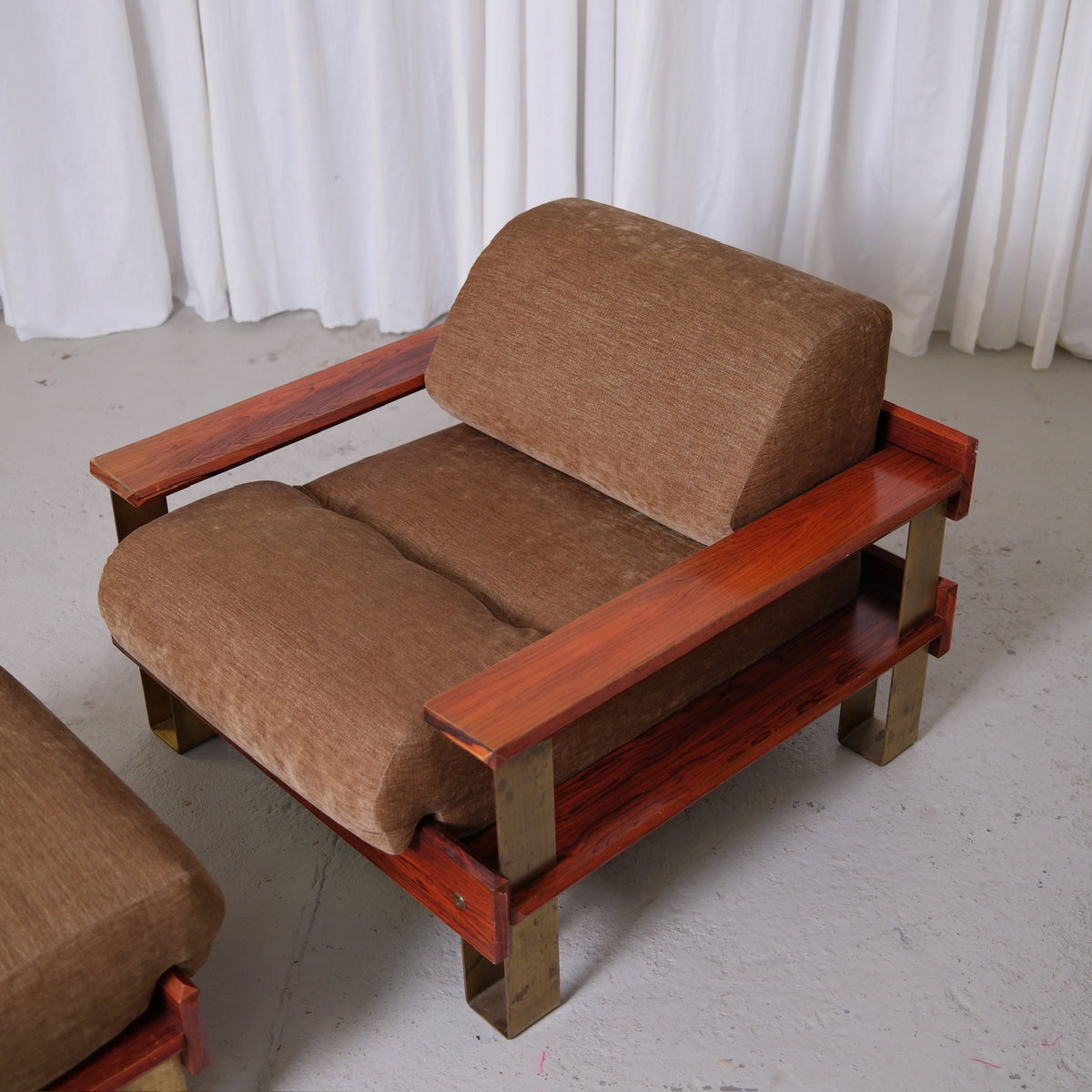Rare 1970s Armchair and Ottoman with Rosewood and Brass