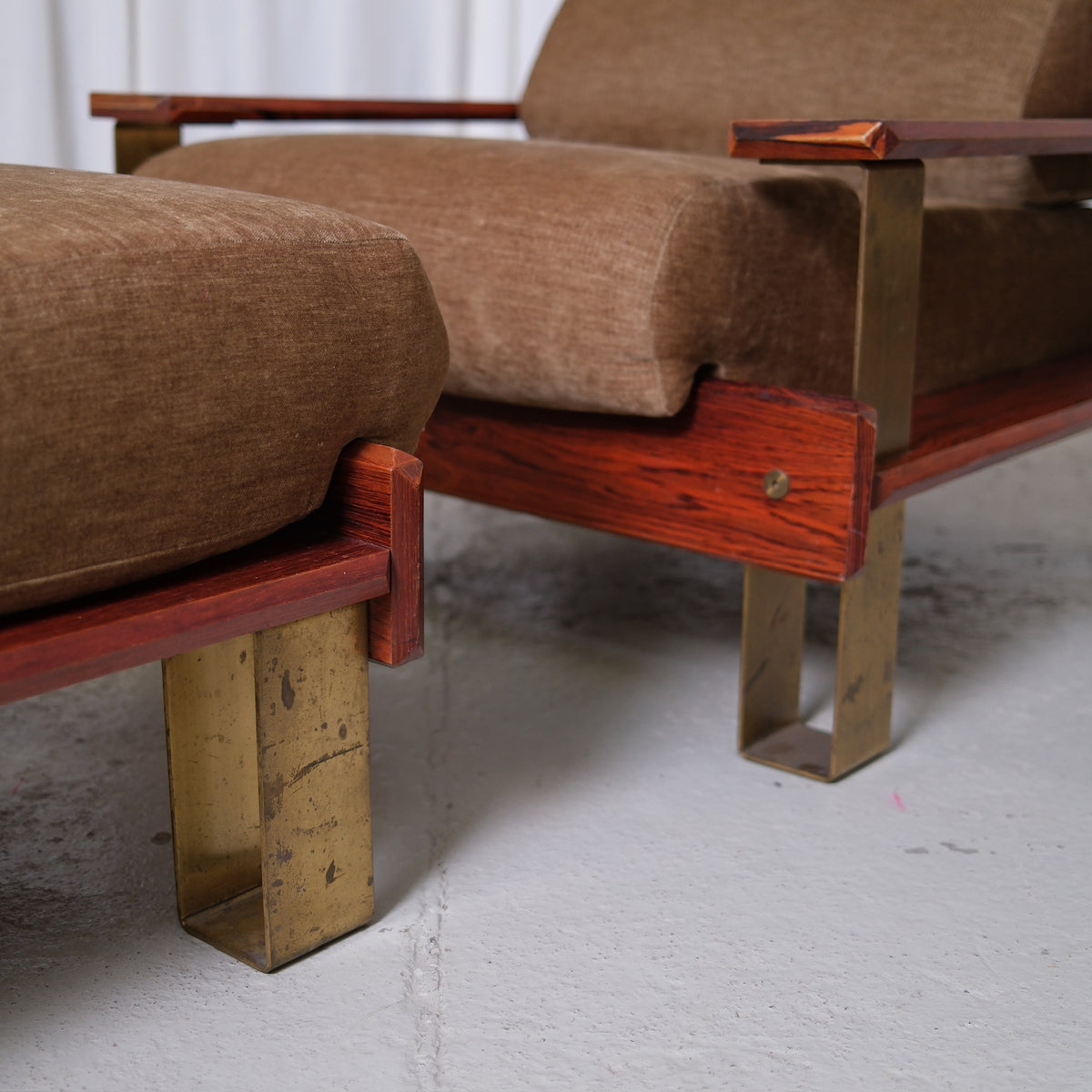 Rare 1970s Armchair and Ottoman with Rosewood and Brass