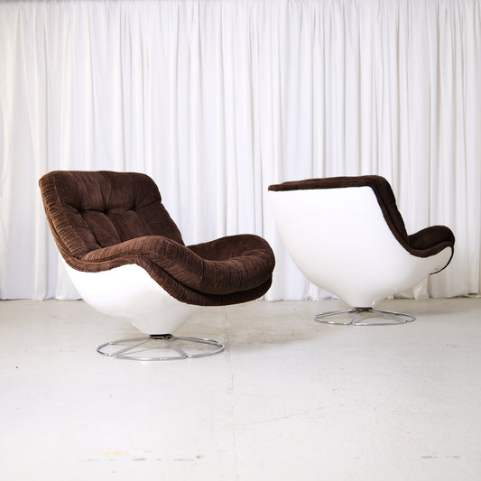 Vintage Lars Österholm swivel lounge chairs for IKEA with white shell, brown corduroy upholstery and chrome swivel base