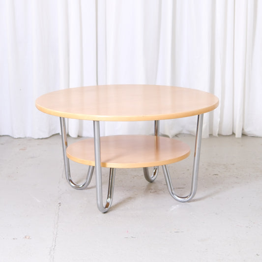 Vintage Pauli Blomstedt round coffee table with chromed tubular legs and lower shelf