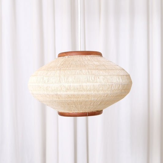 Vintage Scandinavian teak and paper pendant lamp with rounded textured paper shade
