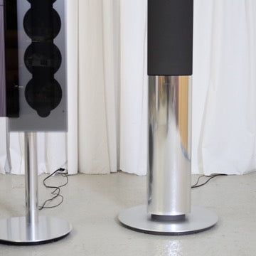 Detail of a silver and black BeoLab 1 active loudspeaker