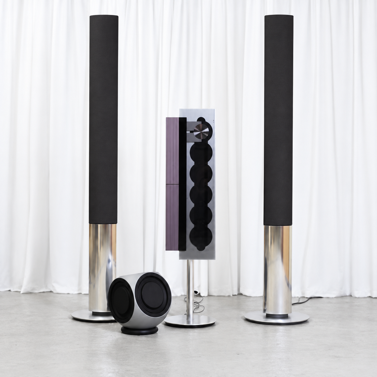 Bang & Olufsen BeoSound 9000 system with two BeoLab 1 speakers and BeoLab 2 subwoofer