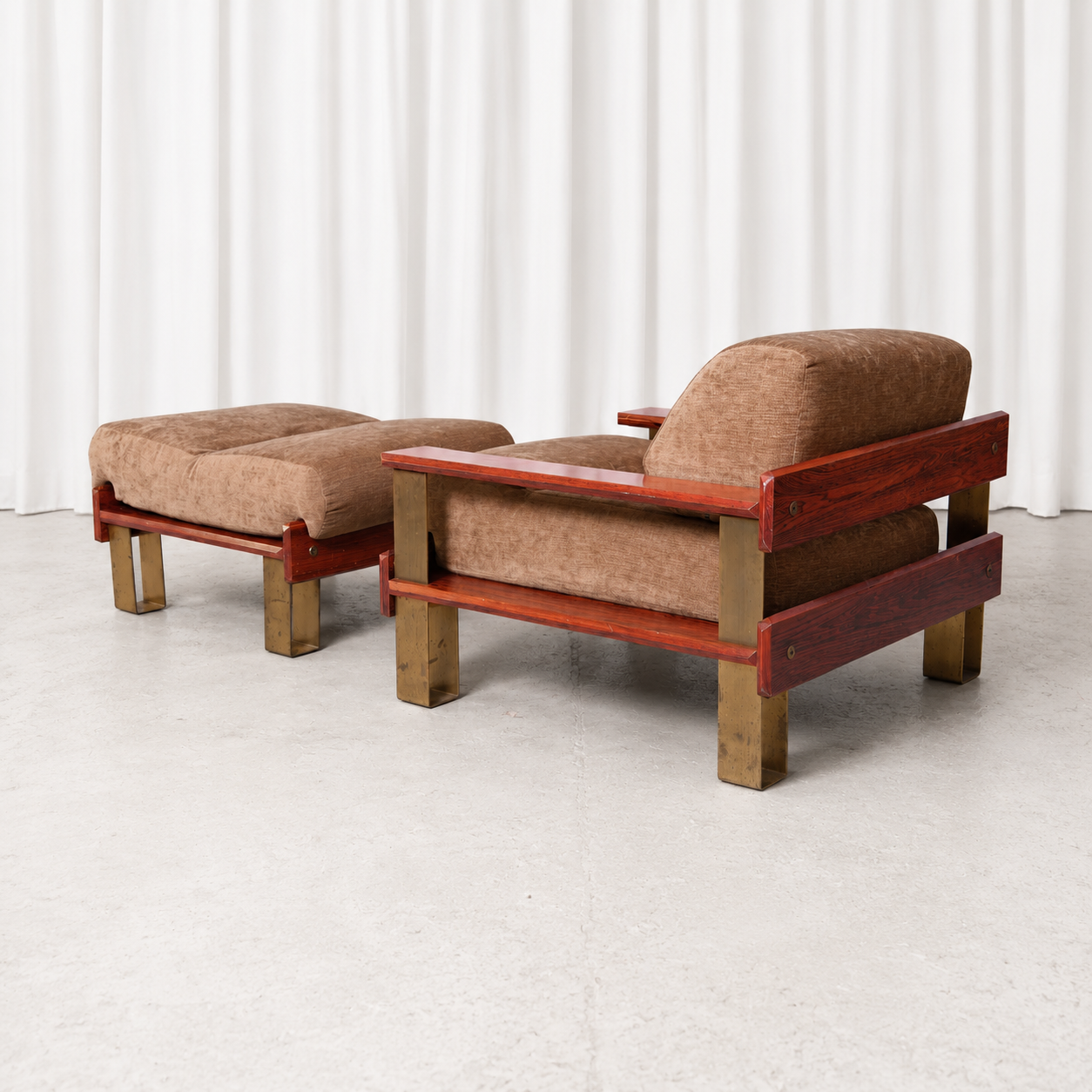 Rare 1970s Armchair and Ottoman with Rosewood and Brass